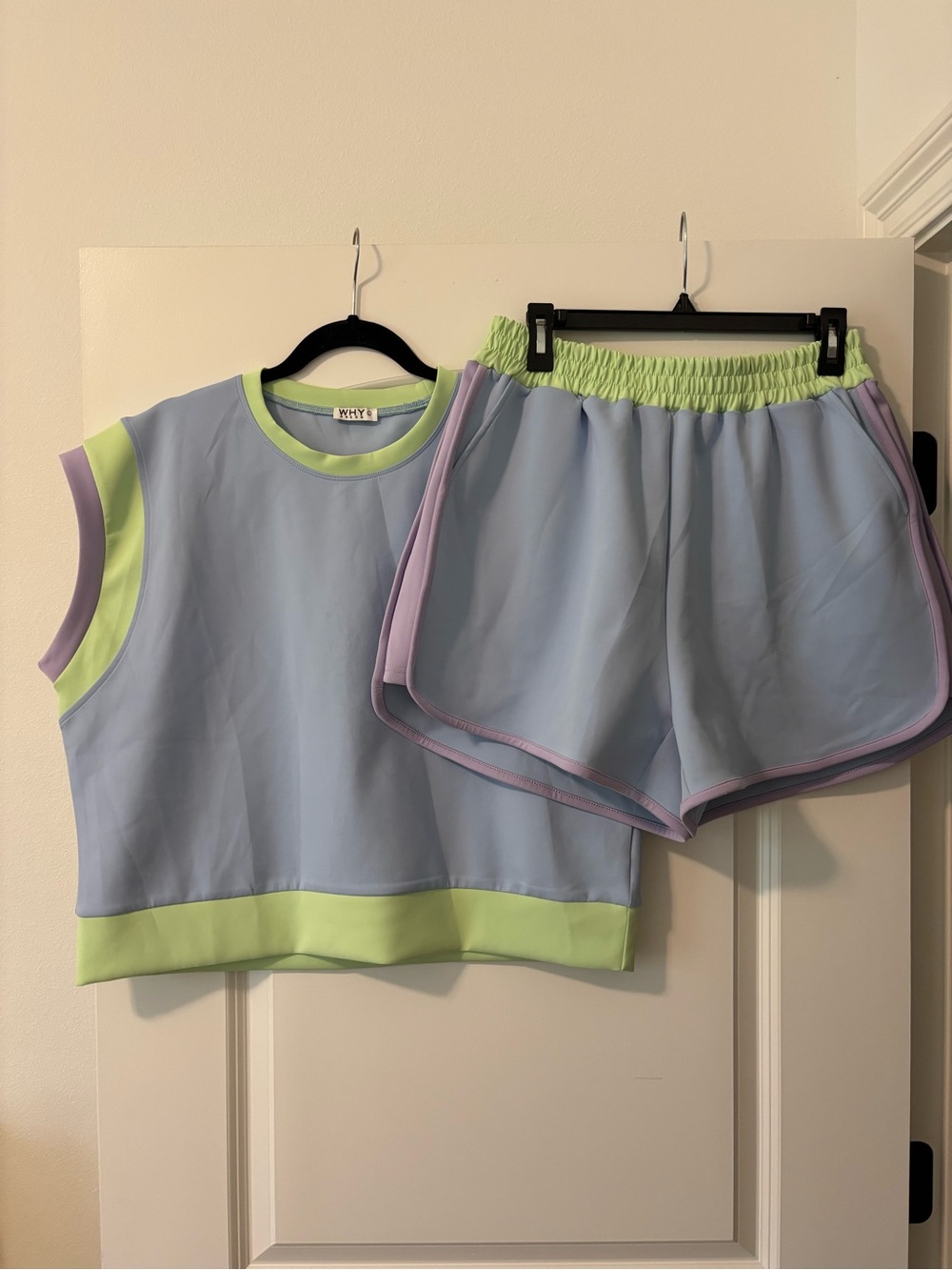 WHY? Pastel Blue Athletic Crop Top & Shorts Set with Lime and Lavender Trim